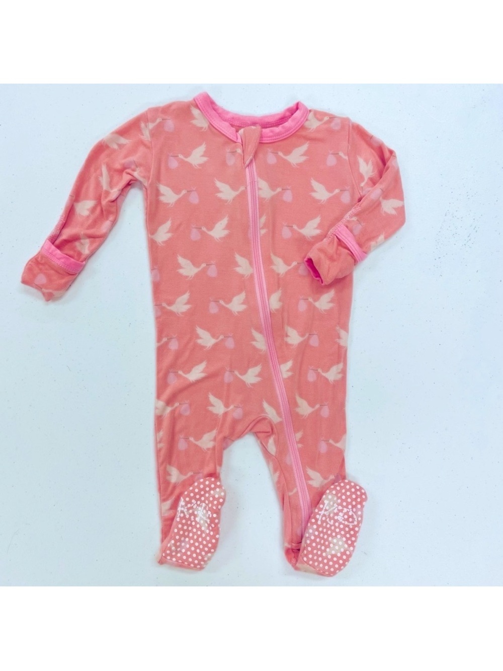 KicKee Pants Footie Baby Girls 3-6M Sleeper Blush Pink Storks Bamboo Pajamas PJs